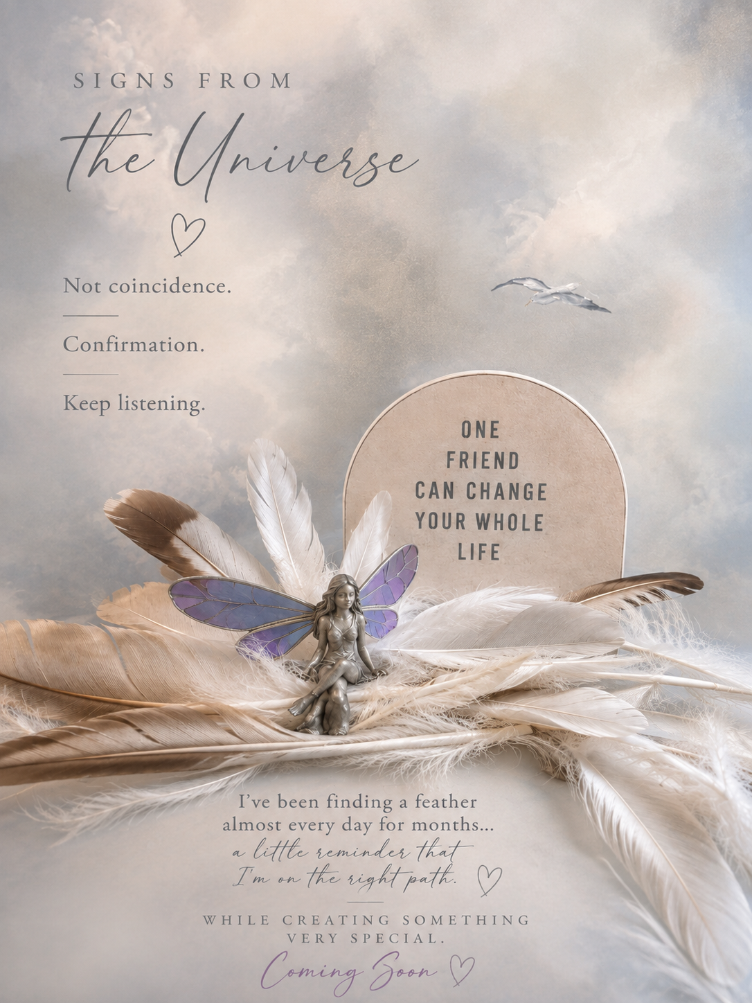 Lori’s Signs from the Universe graphic: a small fairy figurine sitting among soft feathers under a cloudy sky, with her words — one friend can change your whole life