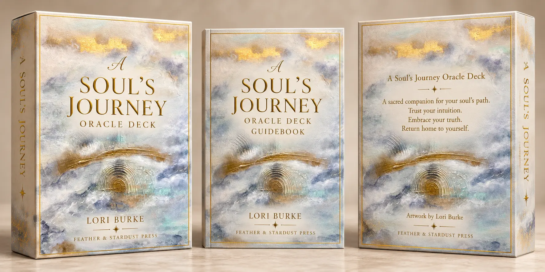 Mock-up of A Soul’s Journey Oracle Deck box and guidebook