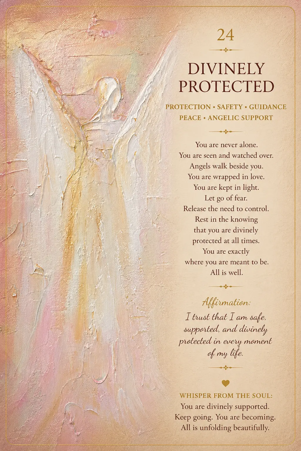Card 24, Divinely Protected — an angel with raised wings in soft peach