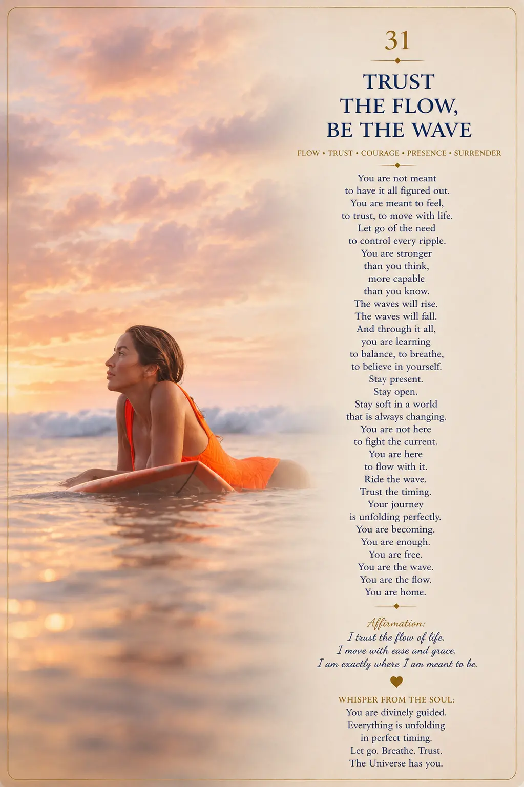Card 31, Trust the Flow, Be the Wave — riding a board at sunset