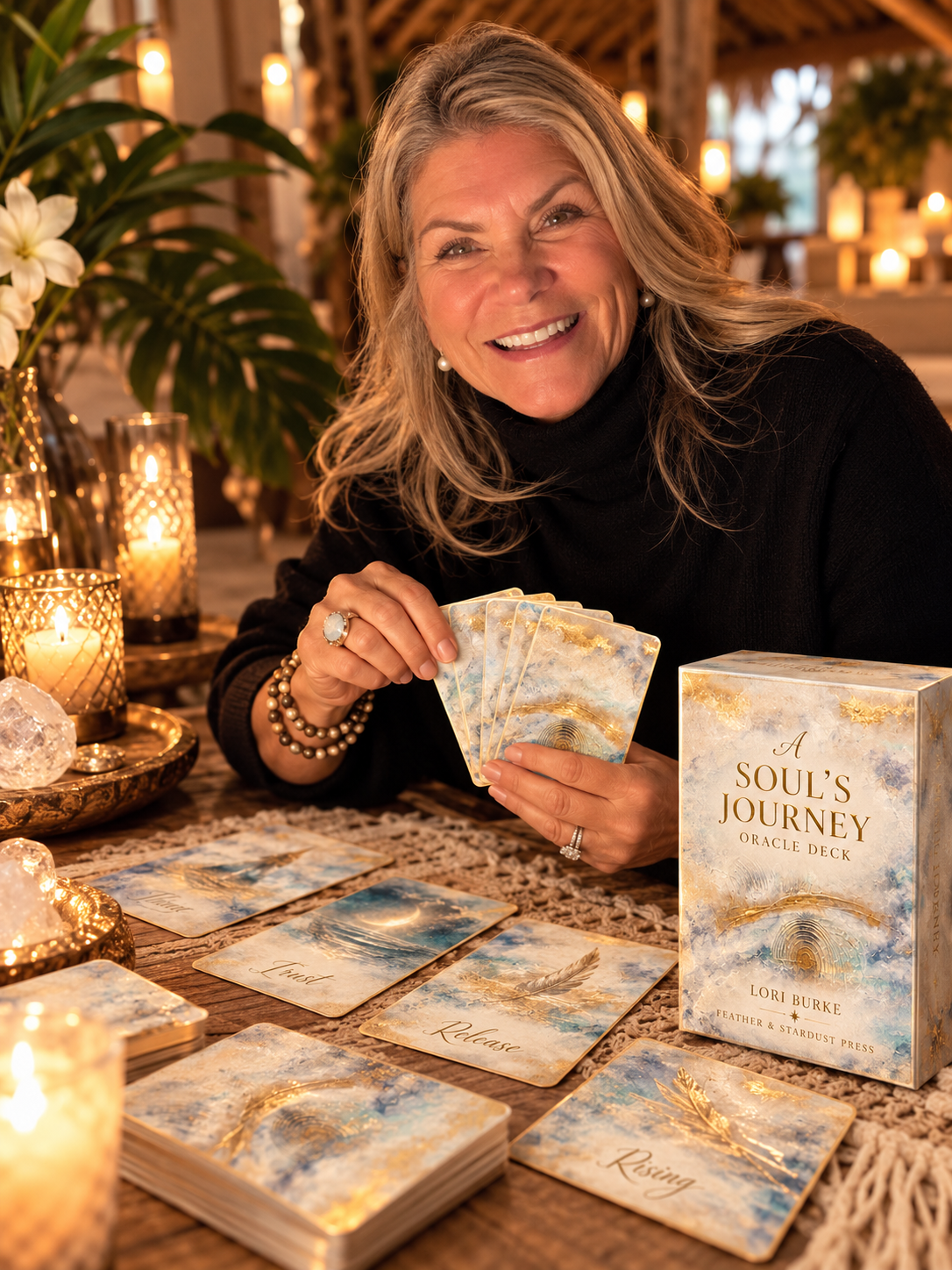 Lori Burke holding a fan of cards from her oracle deck, the deck box beside her