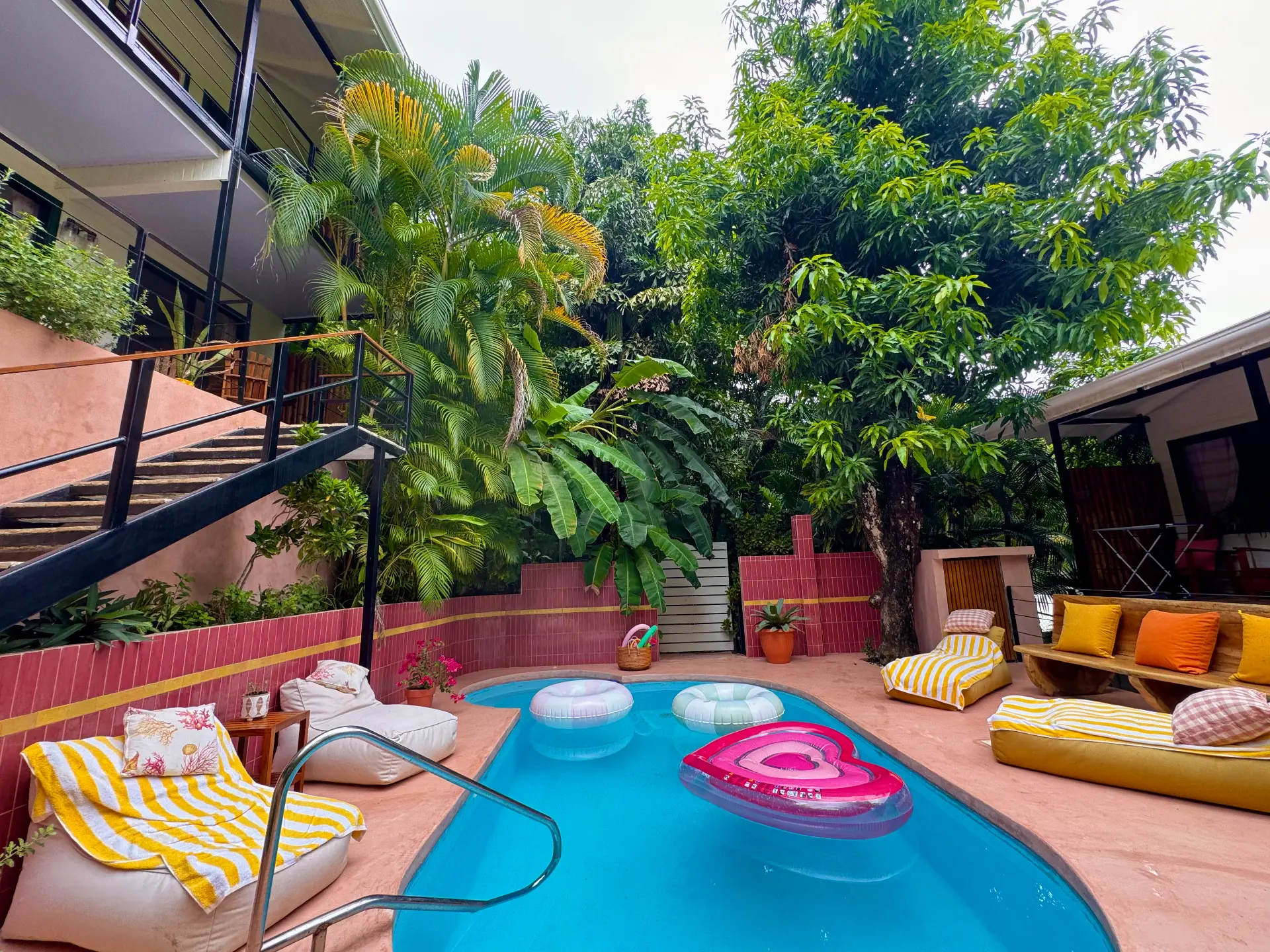 The Baya House's shared pool with yellow loungers and tropical greenery