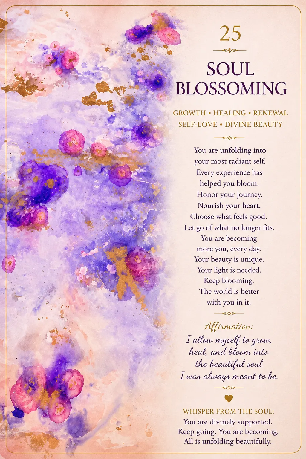 Card 25, Soul Blossoming — purple and magenta blooms with gold splashes