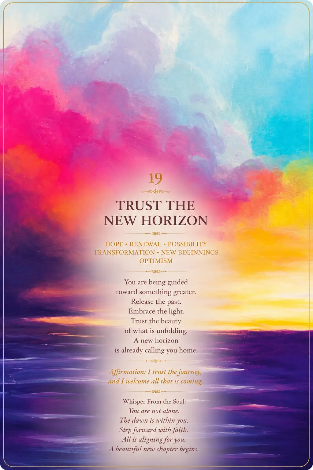Card 19, Trust the New Horizon — a bright sunrise over the sea