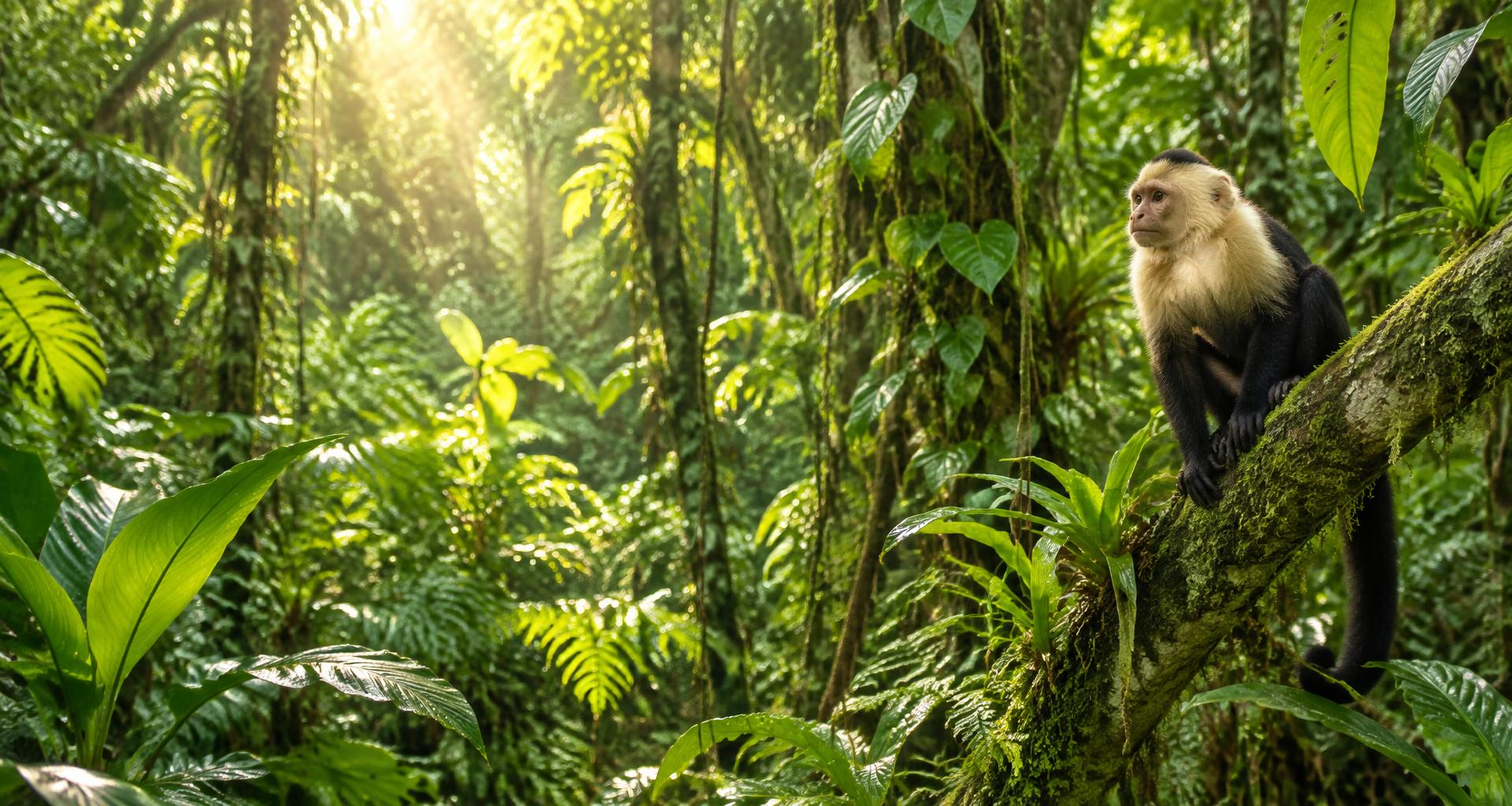 A capuchin monkey on a mossy branch in the lush Costa Rican rainforest